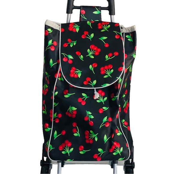 Large Rolling Shopping Tote Bag on Wheels Cherry Theme - Picture 3 of 14